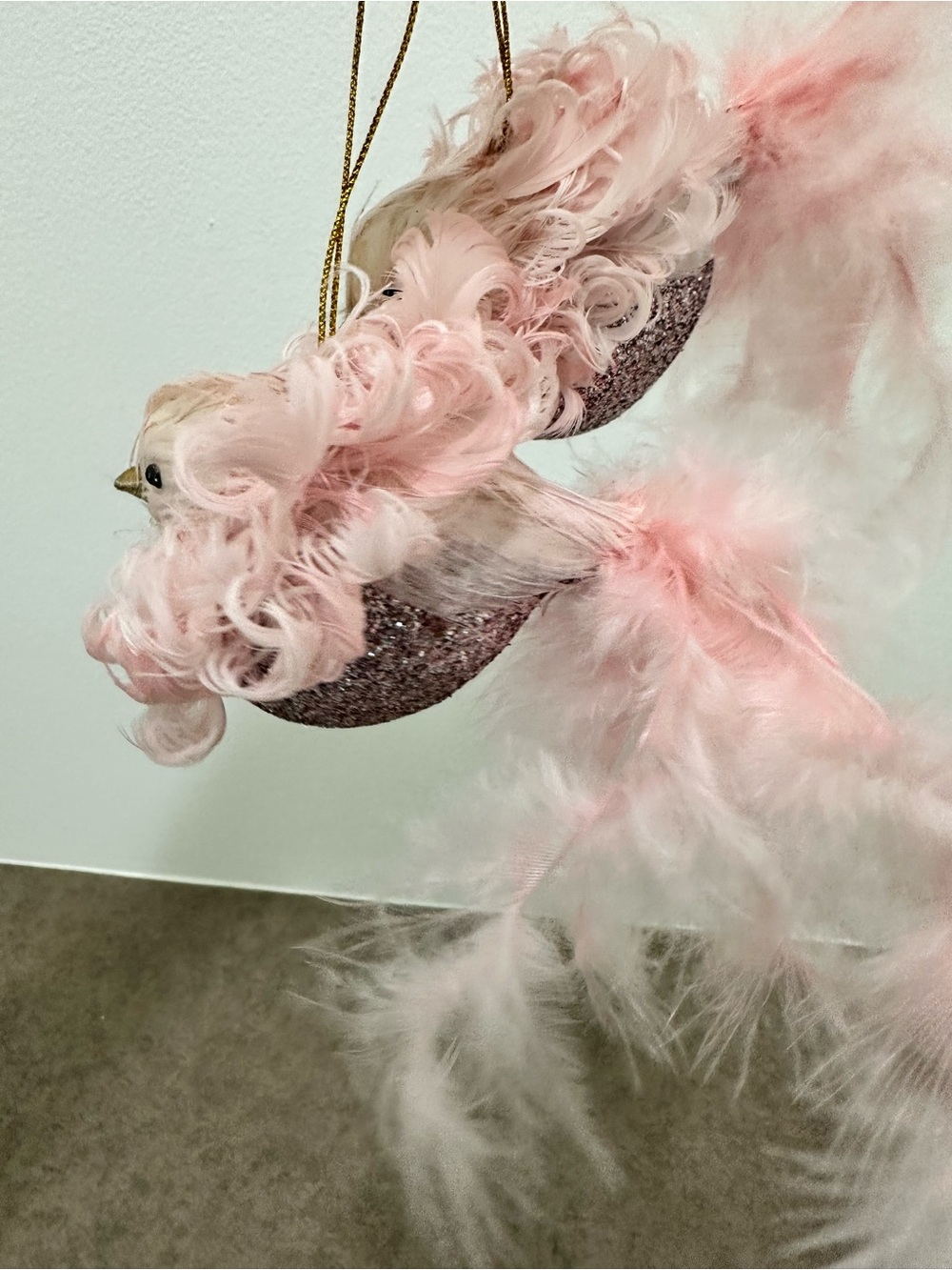 Pink Feathered Hanging Bird Ornaments Fluffy Glitter Set of 2 - Picture 5 of 5
